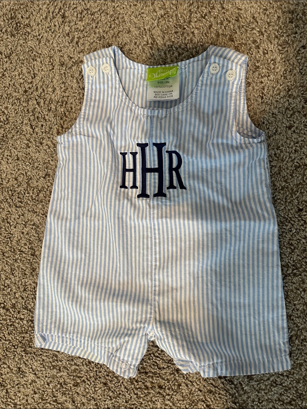 Classic Blue and White Striped Kids One Piece Romper with Navy Monogram